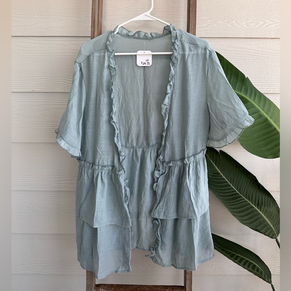 Semi Sheer Ruffle Sleeve Kimono in Seafoam Green
